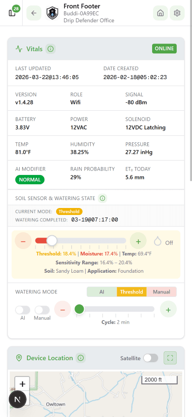Device vitals screen in Threshold mode showing manual moisture slider