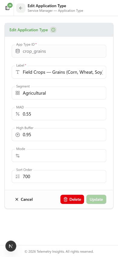 Crop Grains application type detail showing MAD 0.55, Label Field Crops — Grains (Corn, Wheat, Soy)