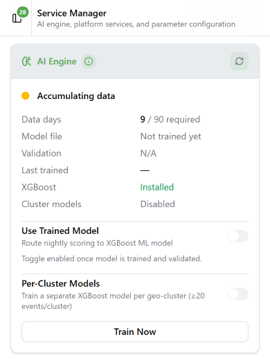 Service Manager AI Engine card showing Accumulating data status, 9 of 90 data days, XGBoost Installed, Use Trained Model and Per-Cluster Models toggles, Train Now button