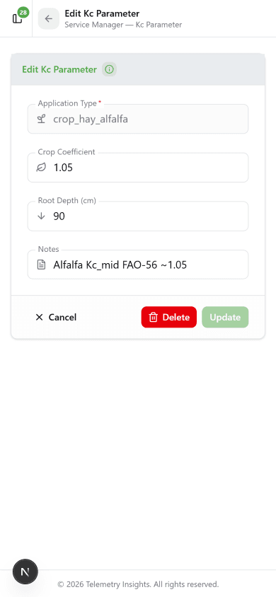 Edit Kc Parameter for crop_hay_alfalfa showing Kc 1.05, Root Depth 90cm, Notes Alfalfa Kc_mid FAO-56