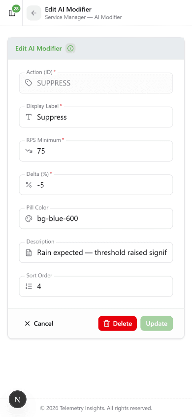 Edit AI Modifier form for SUPPRESS showing RPS minimum 75, delta -5, pill color bg-blue-600
