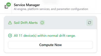 Service Manager Soil Drift Alerts card showing all 11 devices within normal drift range with green checkmark and Compute Now button