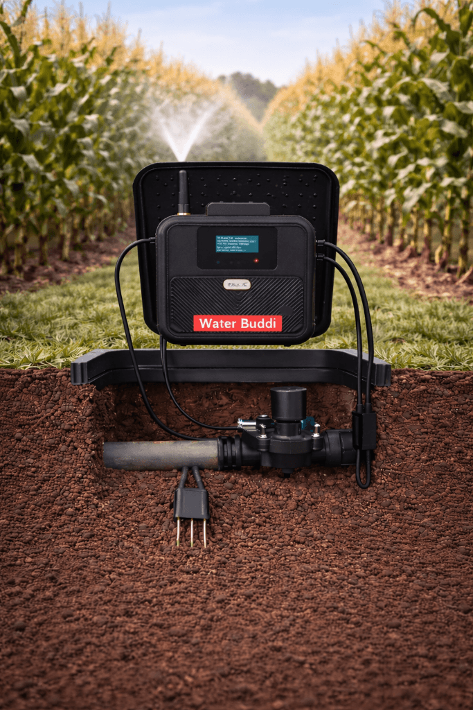 Water Buddi system in crop field with sprinklers