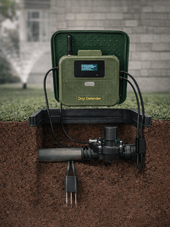 Drip Defender system installed in yard showing IoT device on valve box with underground cross-section revealing valve and soil sensor, home with active sprinklers in background
