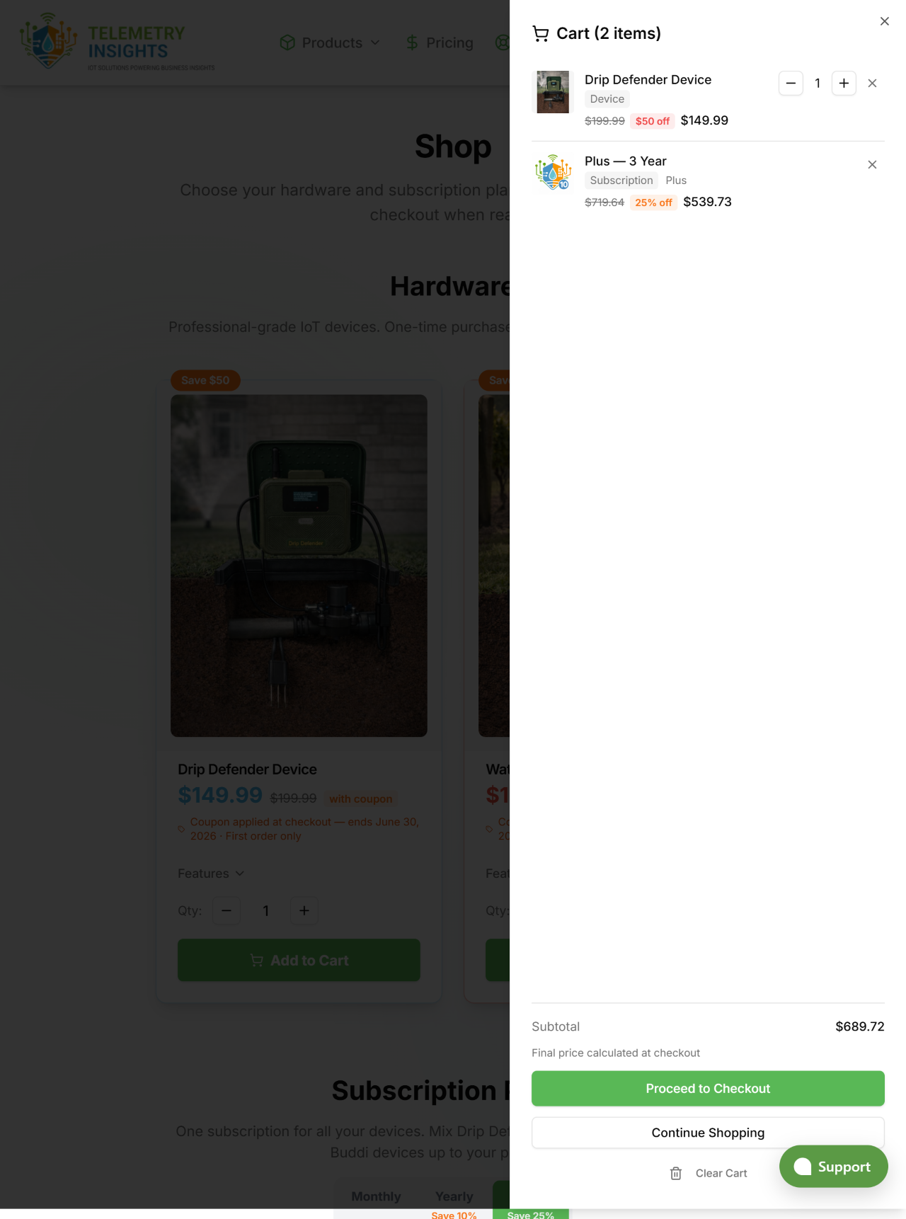 Shopping cart showing items, quantities, and proceed to checkout button
