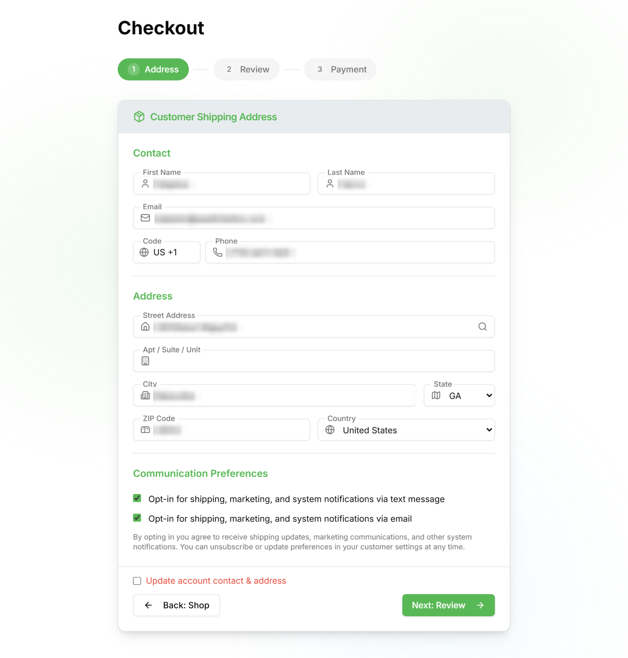 Checkout shipping address form with Google autocomplete and pre-filled account address