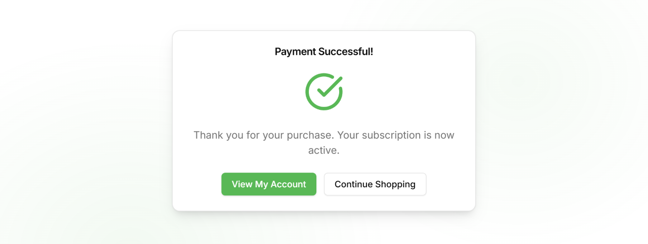 Order confirmation page showing order number, tracking number, and subscription activation notice