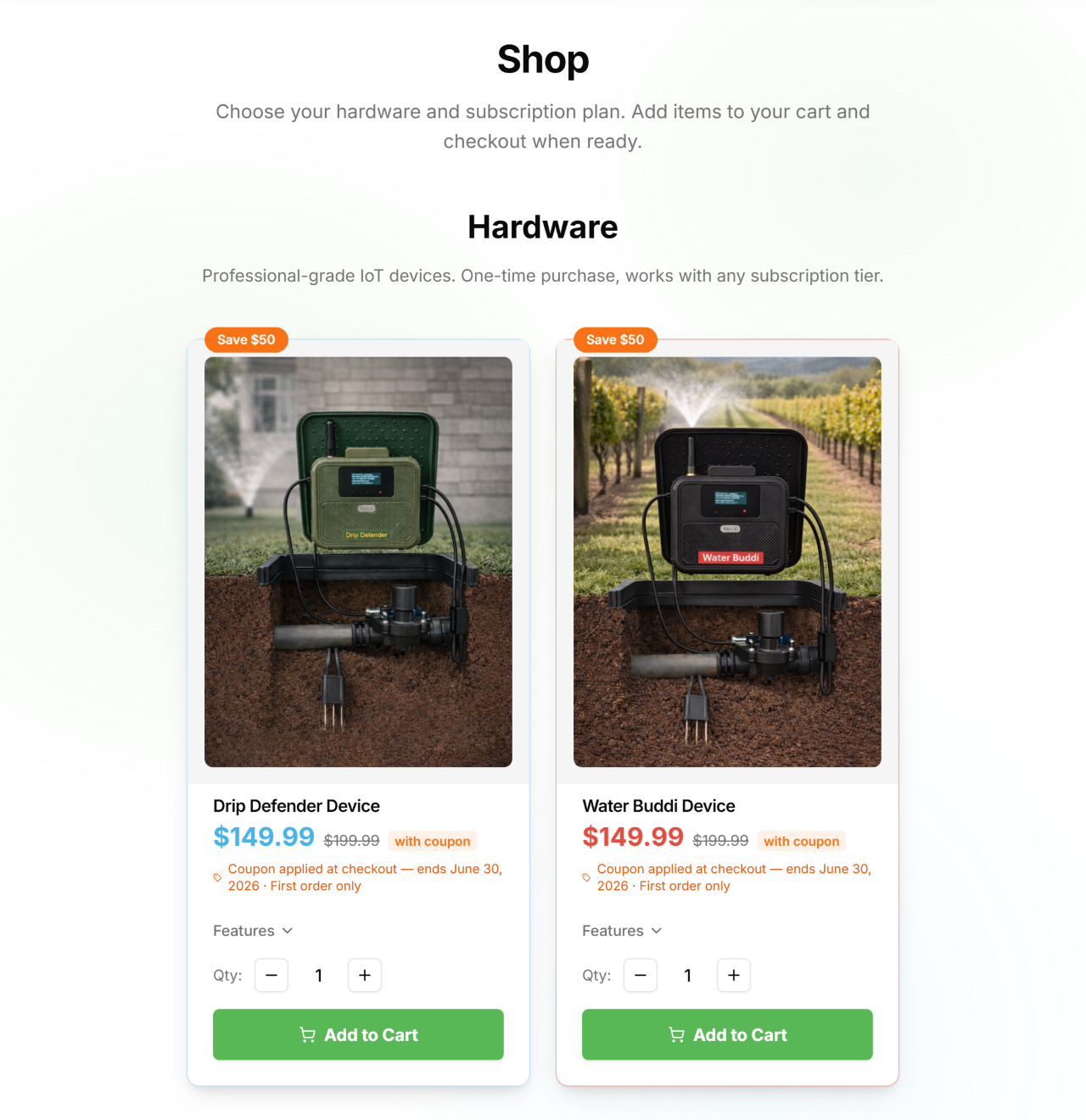 Shop page showing hardware products and subscription plan tiers with interval toggle