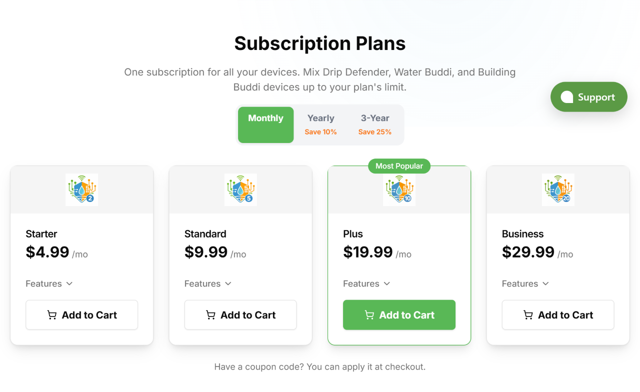 Subscription plans section showing monthly, yearly, and 3-year pricing options
